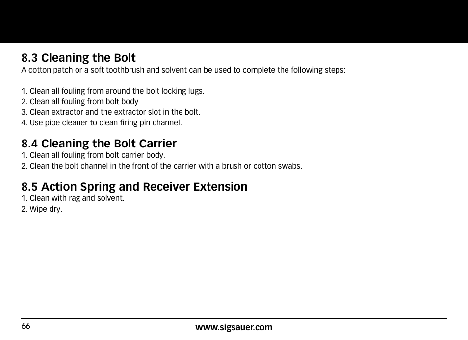 3 cleaning the bolt, 4 cleaning the bolt carrier, 5 action spring and receiver extension | SIG SAUER SIG716 Rifle User Manual | Page 66 / 96