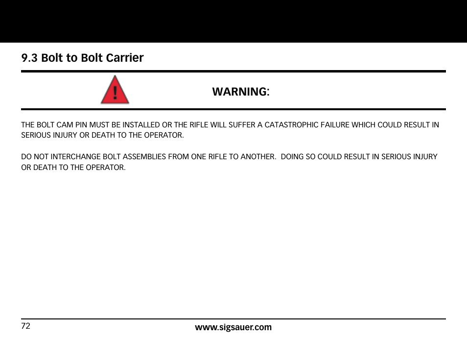 3 bolt to bolt carrier warning | SIG SAUER SIG716 Rifle User Manual | Page 72 / 96