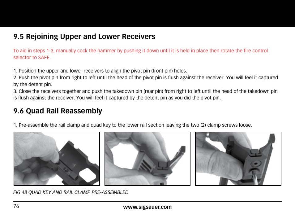 5 rejoining upper and lower receivers, 6 quad rail reassembly | SIG SAUER SIG716 Rifle User Manual | Page 76 / 96