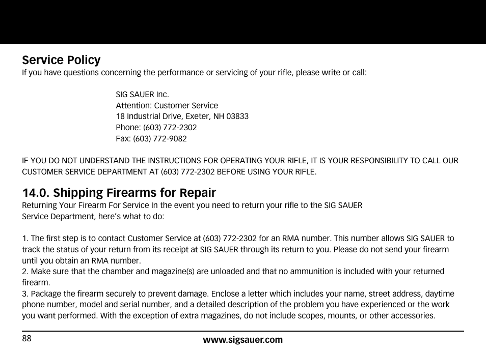 Service policy, Shipping firearms for repair | SIG SAUER SIG716 Rifle User Manual | Page 88 / 96
