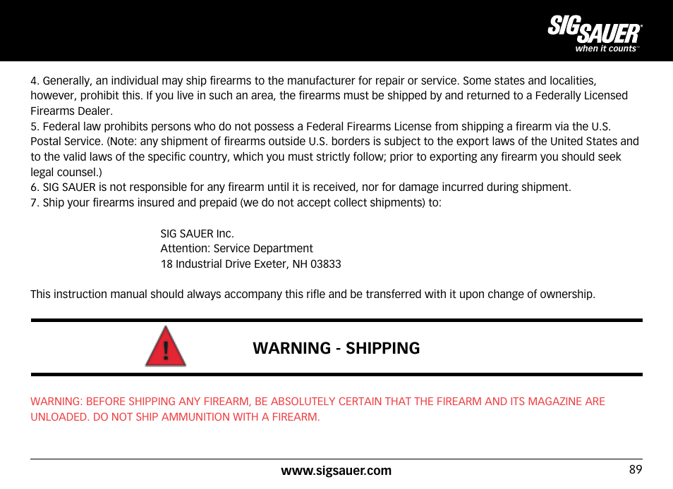 Warning - shipping | SIG SAUER SIG716 Rifle User Manual | Page 89 / 96