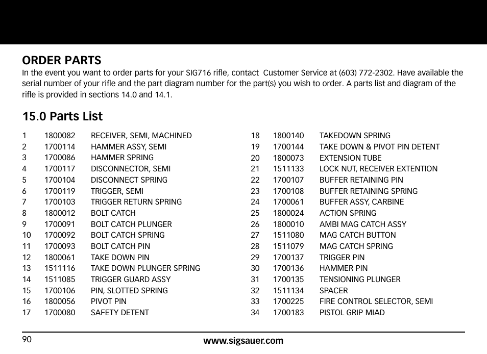 Order parts, 0 parts list | SIG SAUER SIG716 Rifle User Manual | Page 90 / 96
