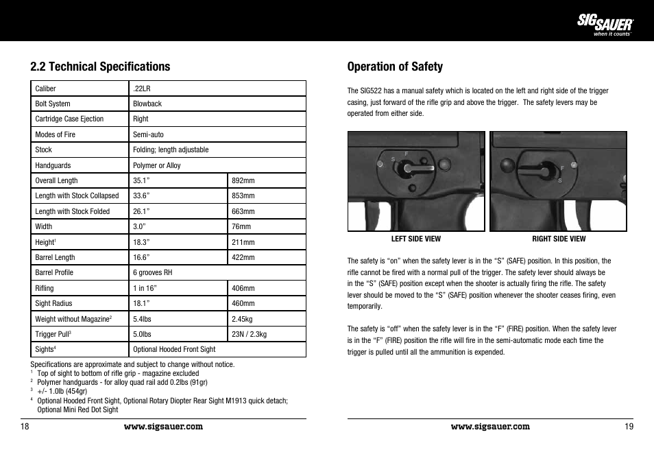 2 technical specifications, Operation of safety | SIG SAUER SIG522 Rifle User Manual | Page 10 / 31