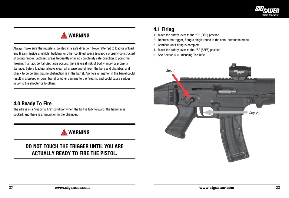 Warning, 0 ready to fire, 1 firing | SIG SAUER SIG522 Rifle User Manual | Page 17 / 31