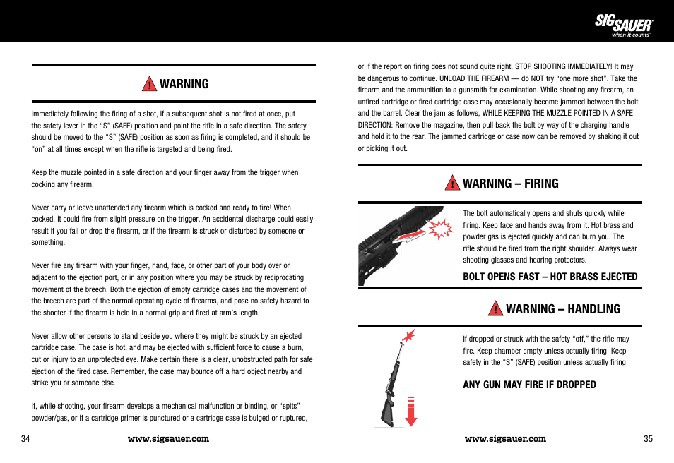 Warning, Warning – firing, Warning – handling | SIG SAUER SIG522 Rifle User Manual | Page 18 / 31