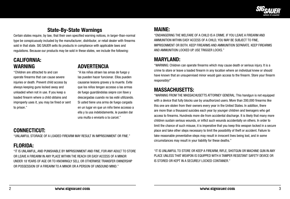 Maine, Maryland, Massachusetts | State-by-state warnings, California: connecticut, Florida, Warning, Advertencia | SIG SAUER SIG522 Rifle User Manual | Page 2 / 31