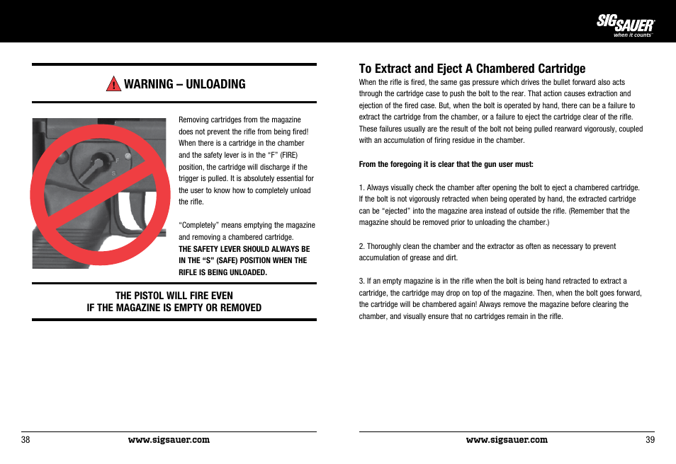 Warning – unloading | SIG SAUER SIG522 Rifle User Manual | Page 20 / 31