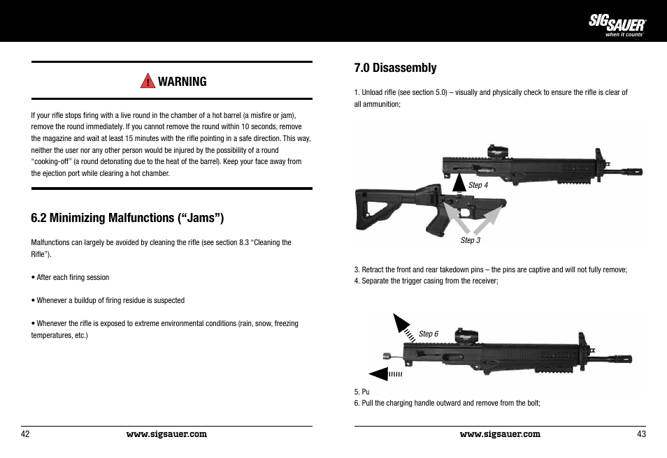Warning, 2 minimizing malfunctions (“jams”), 0 disassembly | SIG SAUER SIG522 Rifle User Manual | Page 22 / 31