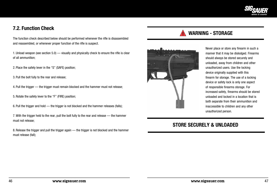 Function check, Warning - storage, Store securely & unloaded | SIG SAUER SIG522 Rifle User Manual | Page 24 / 31
