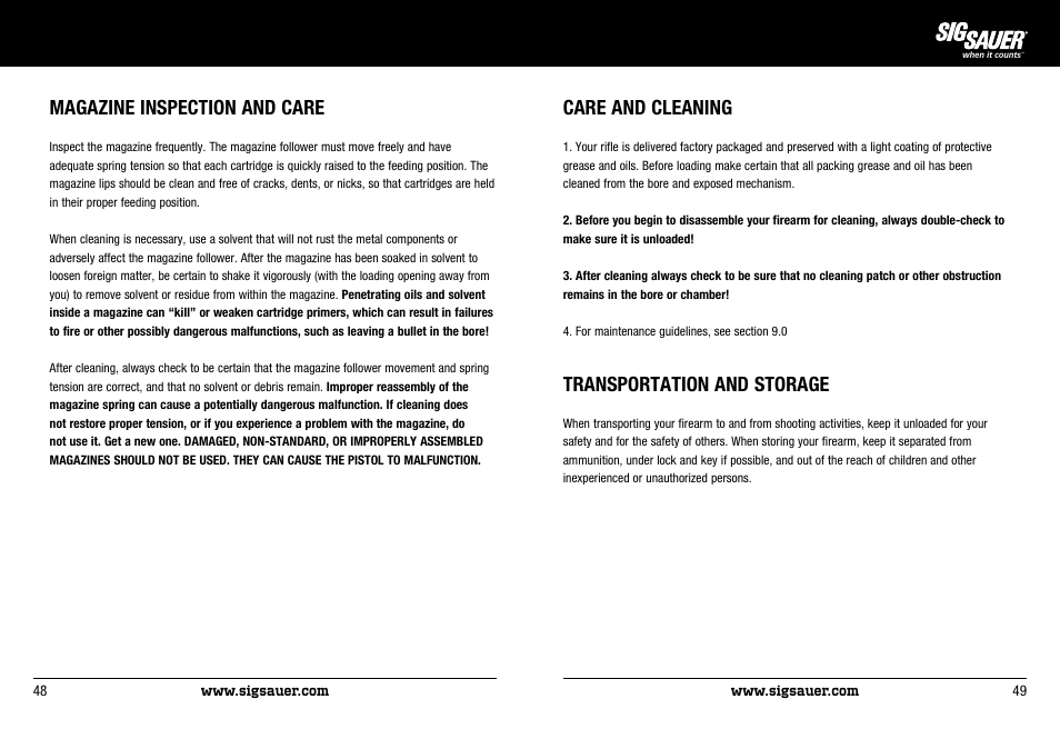 Magazine inspection and care, Care and cleaning, Transportation and storage | SIG SAUER SIG522 Rifle User Manual | Page 25 / 31