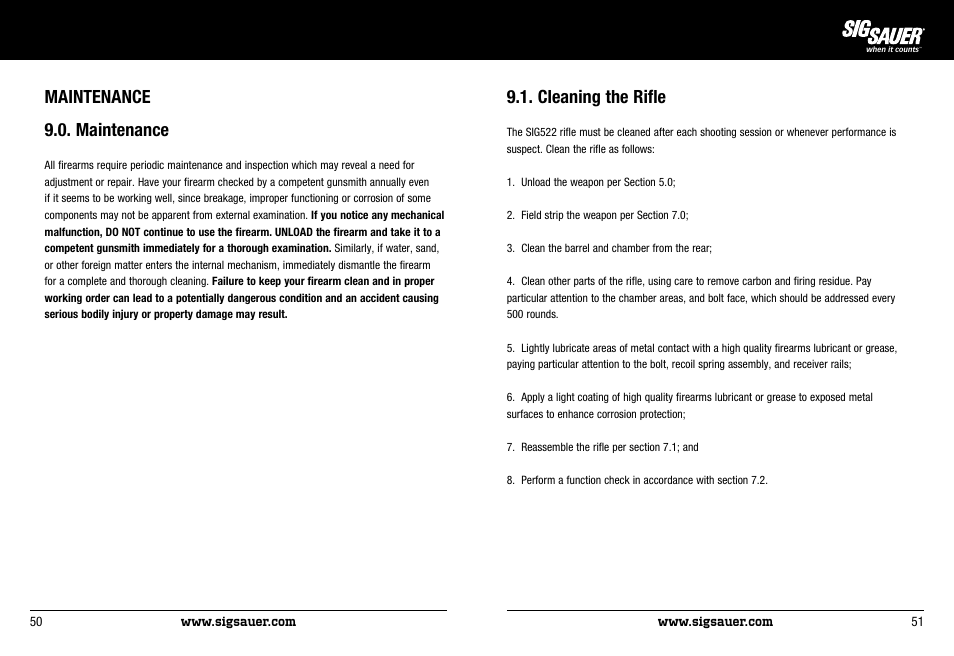 Maintenance 9.0. maintenance, Cleaning the rifle | SIG SAUER SIG522 Rifle User Manual | Page 26 / 31