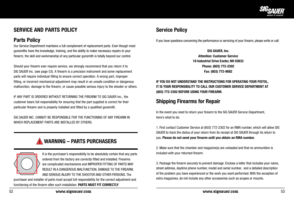 Warning – parts purchasers, Service policy, Shipping firearms for repair | Service and parts policy parts policy | SIG SAUER SIG522 Rifle User Manual | Page 27 / 31