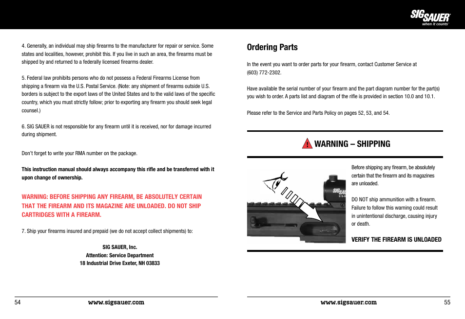 Ordering parts, Warning – shipping | SIG SAUER SIG522 Rifle User Manual | Page 28 / 31