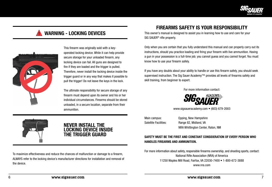 Firearms safety is your responsibility, Warning - locking devices | SIG SAUER SIG522 Rifle User Manual | Page 4 / 31