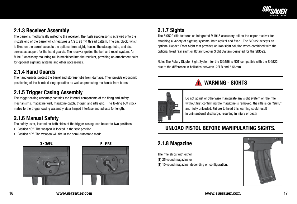 3 receiver assembly, 4 hand guards, 5 trigger casing assembly | 6 manual safety, 7 sights, 8 magazine, Warning - sights, Unload pistol before manipulating sights | SIG SAUER SIG522 Rifle User Manual | Page 9 / 31