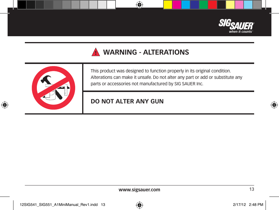 Warning - alterations, Do not alter any gun | SIG SAUER SIG 551-A1 Rifle User Manual | Page 13 / 100