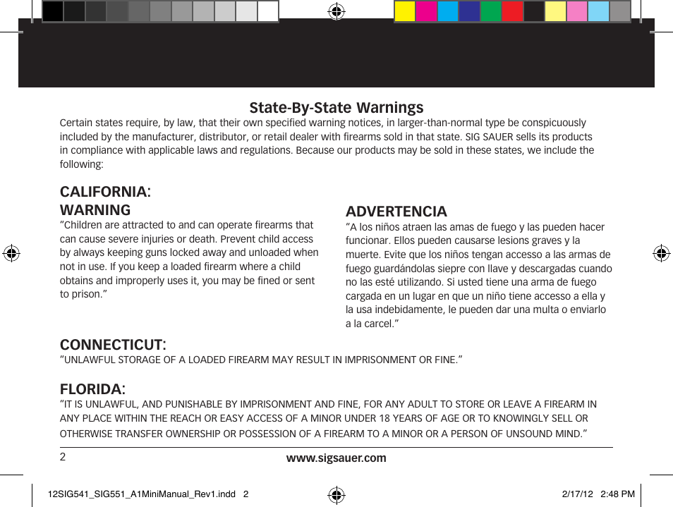 State-by-state warnings, California: warning, Advertencia | Connecticut, Florida | SIG SAUER SIG 551-A1 Rifle User Manual | Page 2 / 100