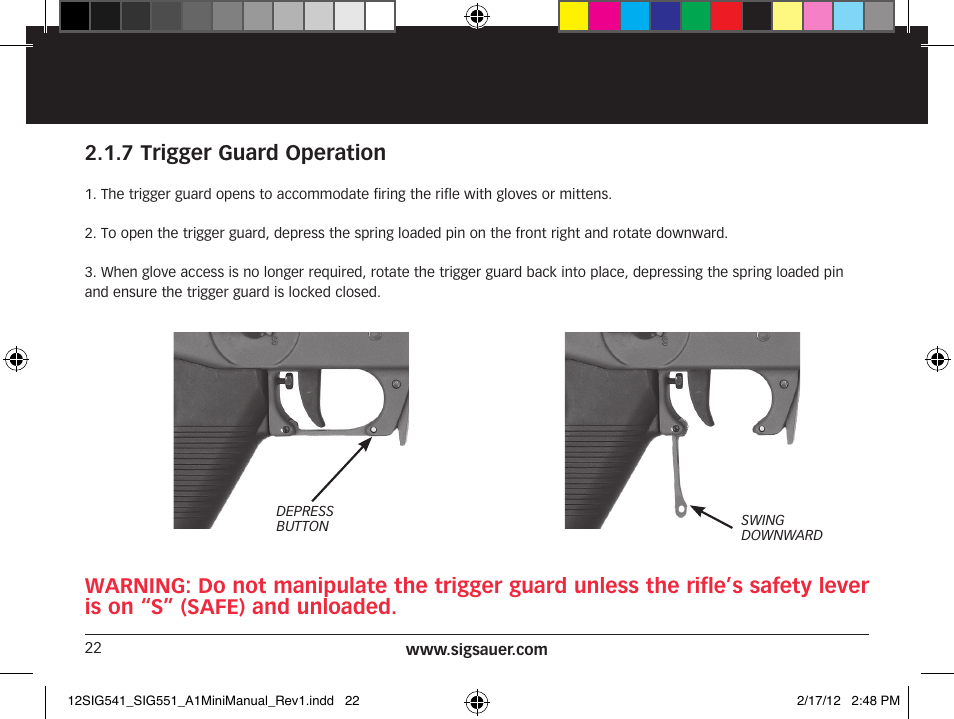 7 trigger guard operation | SIG SAUER SIG 551-A1 Rifle User Manual | Page 22 / 100