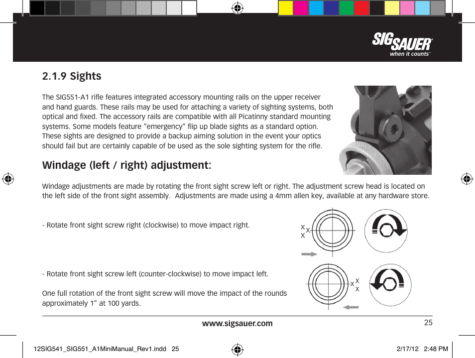 9 sights, Windage (left / right) adjustment | SIG SAUER SIG 551-A1 Rifle User Manual | Page 25 / 100