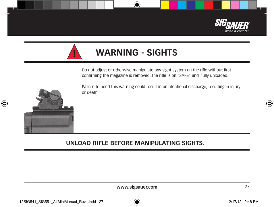 Warning - sights, Unload rifle before manipulating sights | SIG SAUER SIG 551-A1 Rifle User Manual | Page 27 / 100