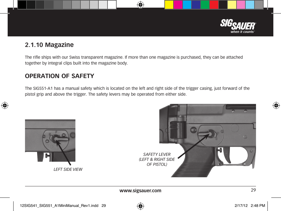 10 magazine, Operation of safety | SIG SAUER SIG 551-A1 Rifle User Manual | Page 29 / 100