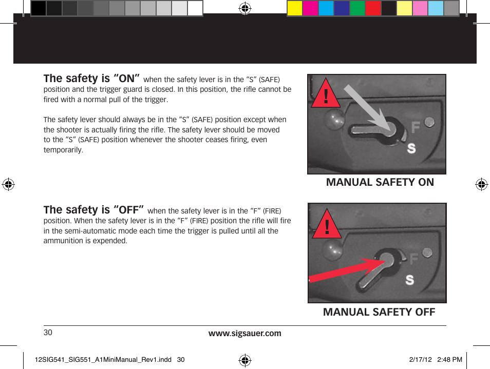 The safety is “on, The safety is “off, Manual safety off manual safety on | SIG SAUER SIG 551-A1 Rifle User Manual | Page 30 / 100
