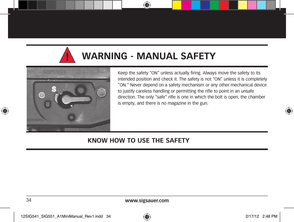 Warning - manual safety | SIG SAUER SIG 551-A1 Rifle User Manual | Page 34 / 100