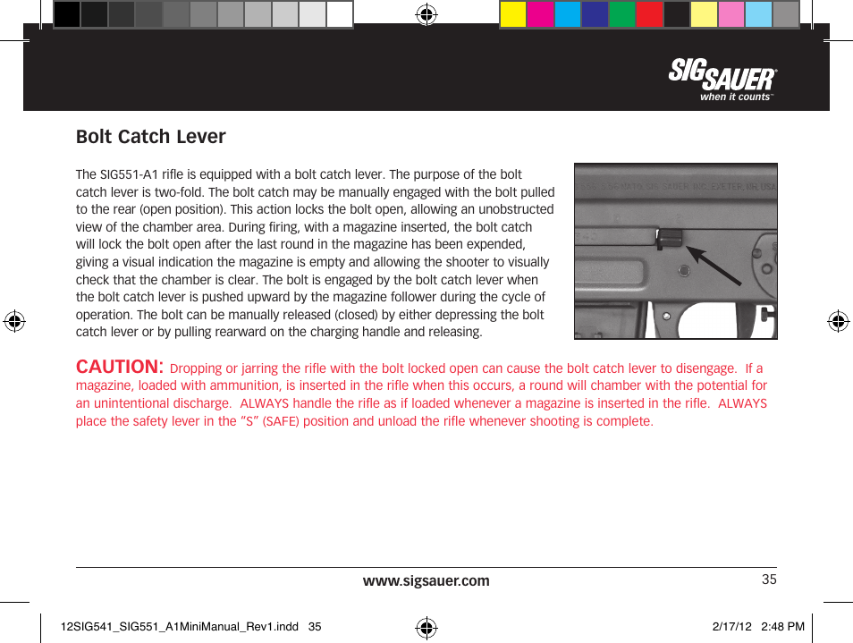 Bolt catch lever, Caution | SIG SAUER SIG 551-A1 Rifle User Manual | Page 35 / 100