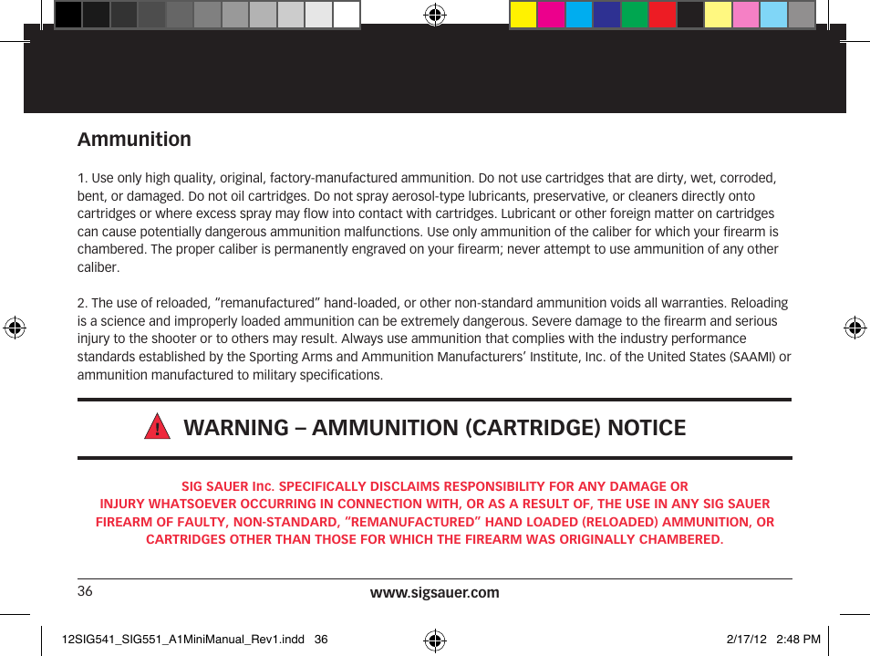 Warning – ammunition (cartridge) notice, Ammunition | SIG SAUER SIG 551-A1 Rifle User Manual | Page 36 / 100
