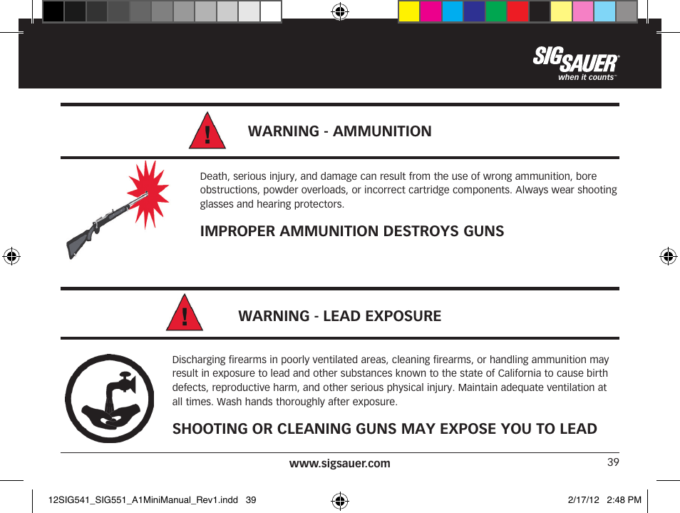 Warning - lead exposure, Shooting or cleaning guns may expose you to lead, Warning - ammunition | Improper ammunition destroys guns | SIG SAUER SIG 551-A1 Rifle User Manual | Page 39 / 100