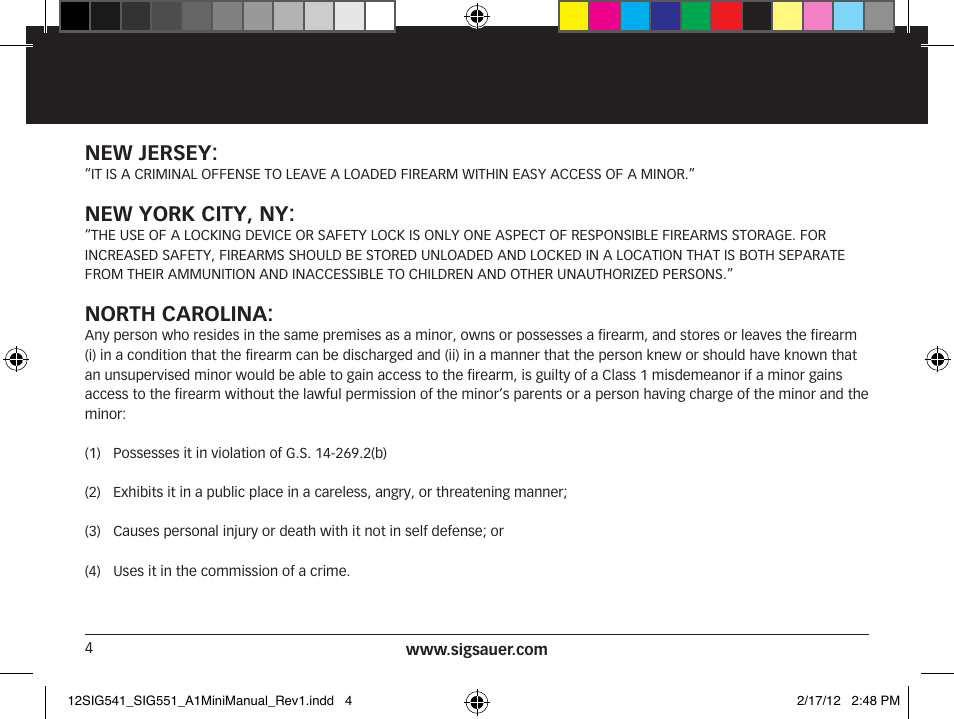 New jersey, New york city, ny, North carolina | SIG SAUER SIG 551-A1 Rifle User Manual | Page 4 / 100