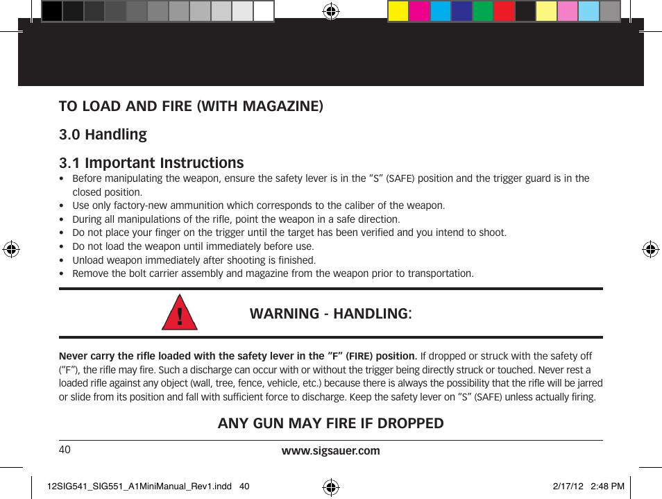 Warning - handling, Any gun may fire if dropped | SIG SAUER SIG 551-A1 Rifle User Manual | Page 40 / 100