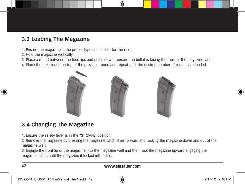 3 loading the magazine, 4 changing the magazine | SIG SAUER SIG 551-A1 Rifle User Manual | Page 42 / 100