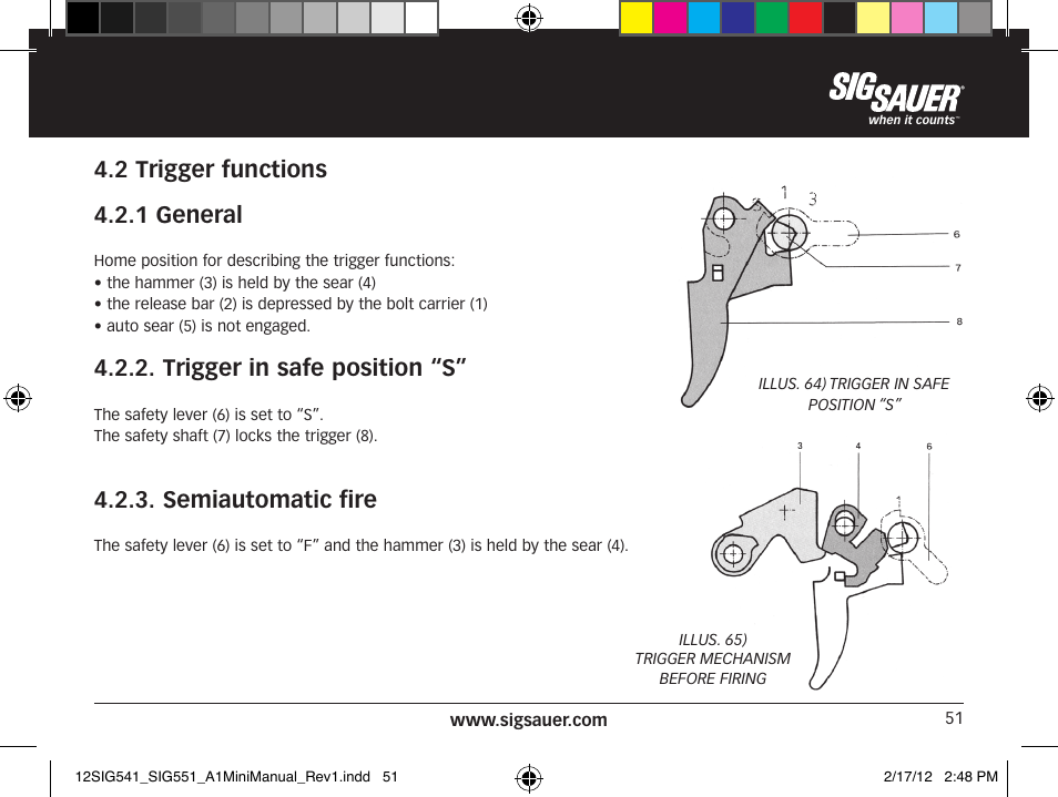 2 trigger functions 4.2.1 general, Trigger in safe position “s, Semiautomatic fire | SIG SAUER SIG 551-A1 Rifle User Manual | Page 51 / 100
