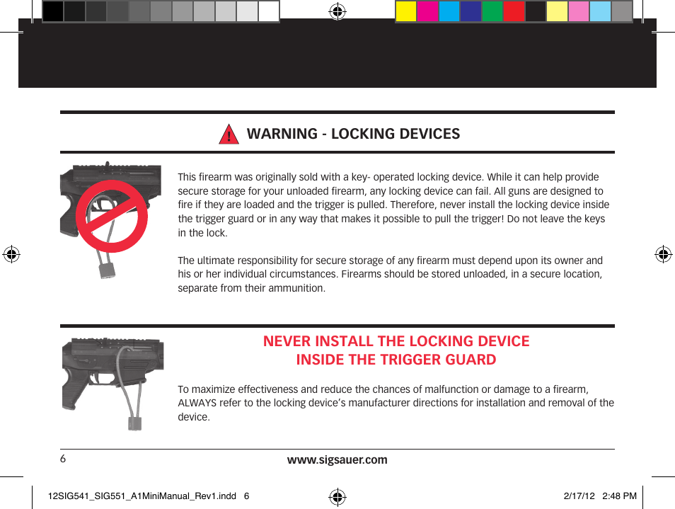Warning - locking devices | SIG SAUER SIG 551-A1 Rifle User Manual | Page 6 / 100