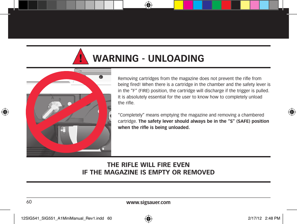 Warning - unloading | SIG SAUER SIG 551-A1 Rifle User Manual | Page 60 / 100