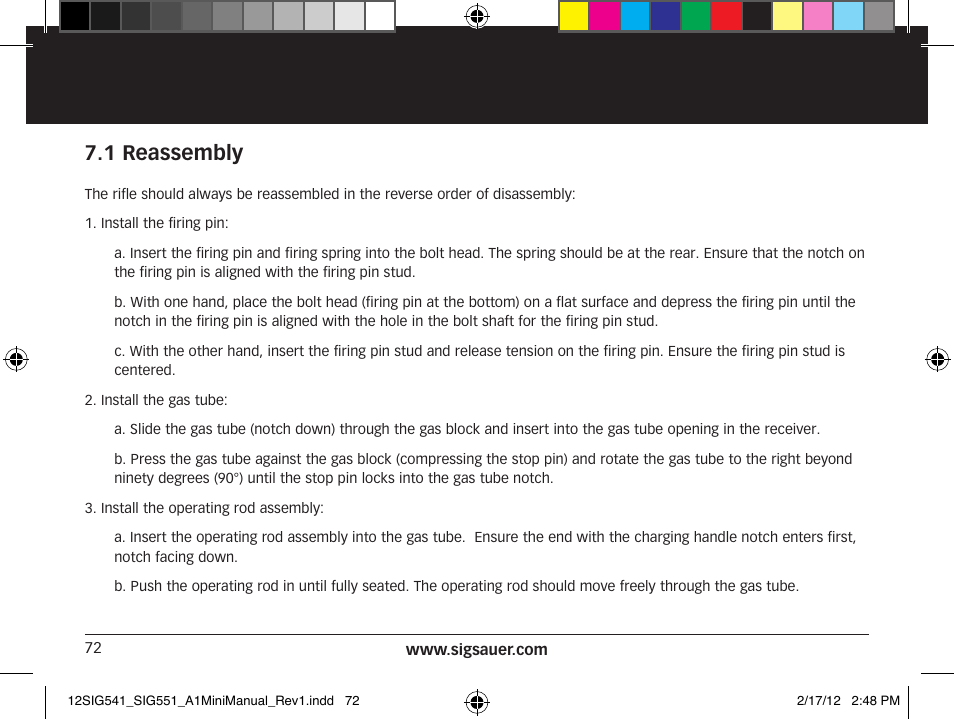 1 reassembly | SIG SAUER SIG 551-A1 Rifle User Manual | Page 72 / 100
