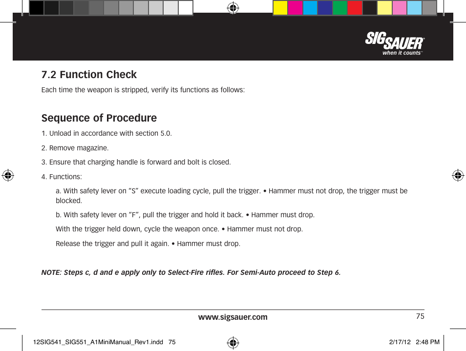 2 function check, Sequence of procedure | SIG SAUER SIG 551-A1 Rifle User Manual | Page 75 / 100