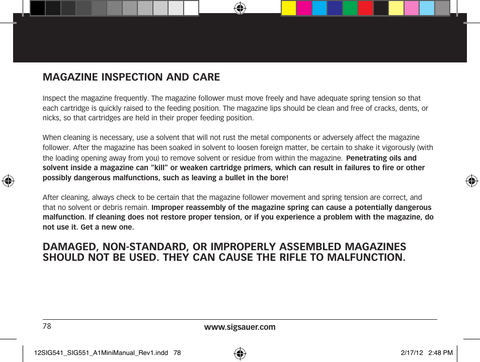 Magazine inspection and care | SIG SAUER SIG 551-A1 Rifle User Manual | Page 78 / 100