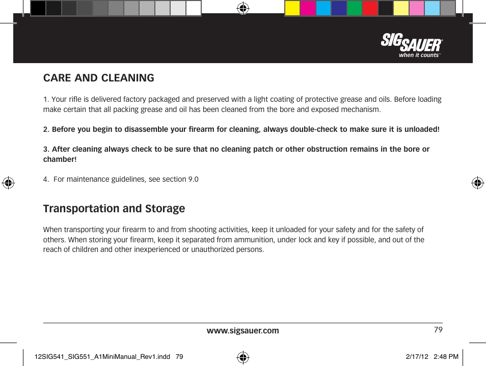 Care and cleaning, Transportation and storage | SIG SAUER SIG 551-A1 Rifle User Manual | Page 79 / 100