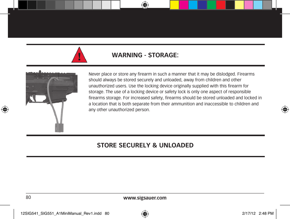 Warning - storage, Store securely & unloaded | SIG SAUER SIG 551-A1 Rifle User Manual | Page 80 / 100