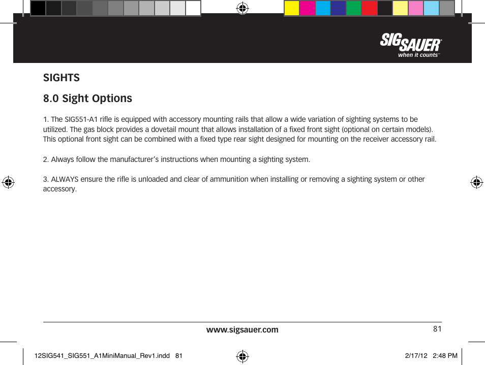 Sights 8.0 sight options | SIG SAUER SIG 551-A1 Rifle User Manual | Page 81 / 100