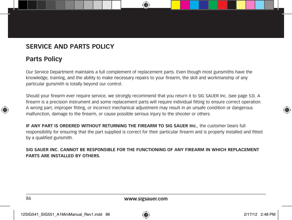 Service and parts policy parts policy | SIG SAUER SIG 551-A1 Rifle User Manual | Page 86 / 100