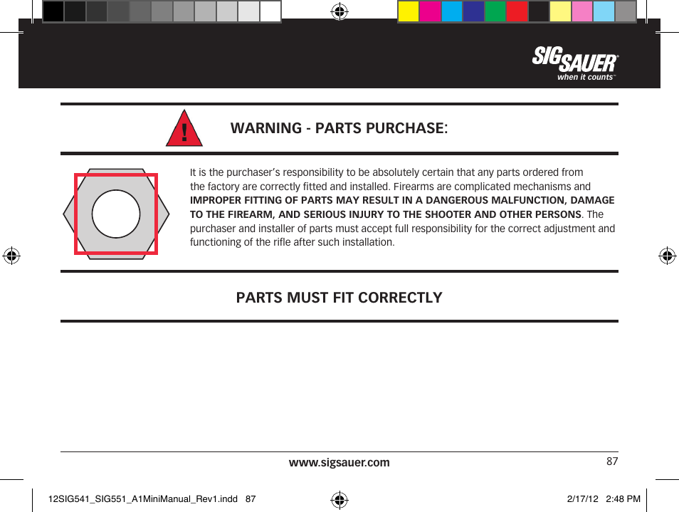 Warning - parts purchase, Parts must fit correctly | SIG SAUER SIG 551-A1 Rifle User Manual | Page 87 / 100
