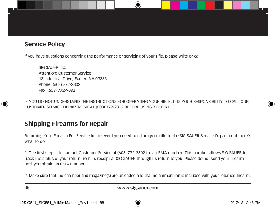 Service policy, Shipping firearms for repair | SIG SAUER SIG 551-A1 Rifle User Manual | Page 88 / 100
