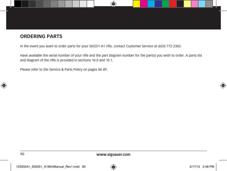 Ordering parts | SIG SAUER SIG 551-A1 Rifle User Manual | Page 90 / 100