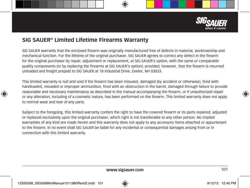 Sig sauer, Limited lifetime firearms warranty | SIG SAUER SIG556 User Manual | Page 101 / 104