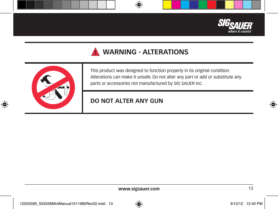 Warning - alterations, Do not alter any gun | SIG SAUER SIG556 User Manual | Page 13 / 104