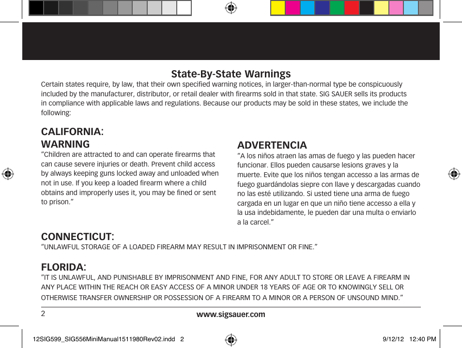 State-by-state warnings, California: warning, Advertencia | Connecticut, Florida | SIG SAUER SIG556 User Manual | Page 2 / 104