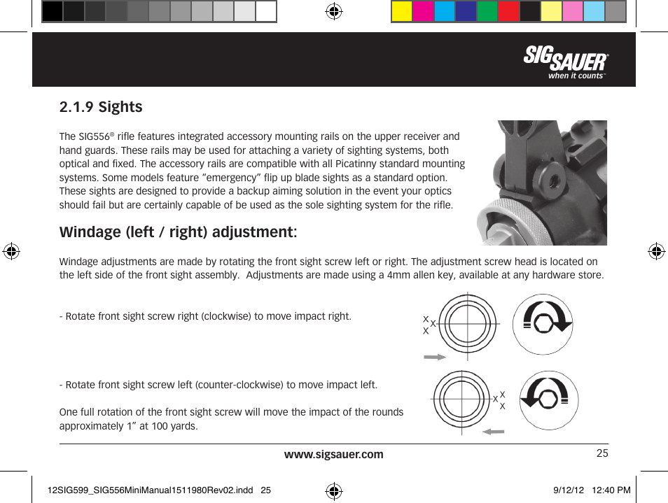 9 sights, Windage (left / right) adjustment | SIG SAUER SIG556 User Manual | Page 25 / 104